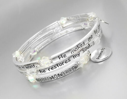 Inspirational Silver Twist Wrap PSALMS 23 Scripture Crystals Charms Bracelet - Picture 3 of 4