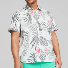 Puma GOLF X PTC PARADISE BUTTON DOWN Shirt White Tropical Print Men s Medium