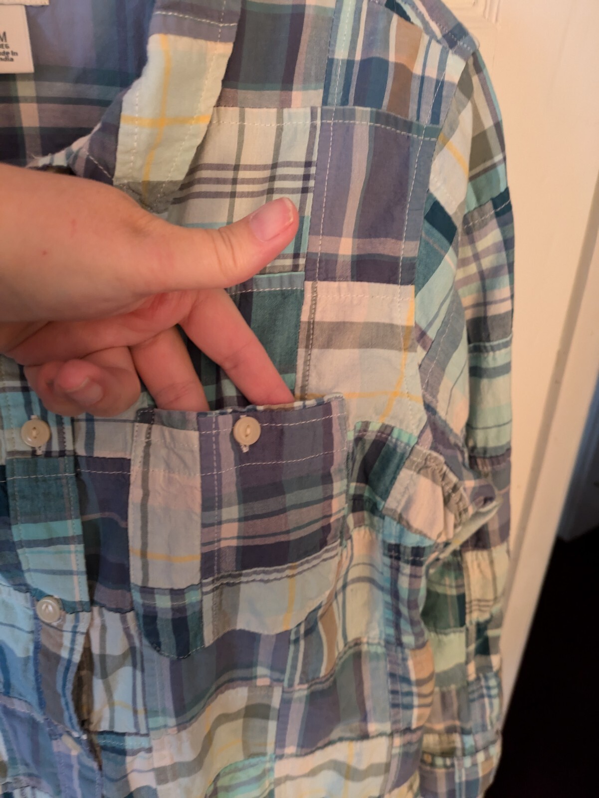 LL Bean Madras Textured Patchwork Blouse Roll-Tab… - image 8