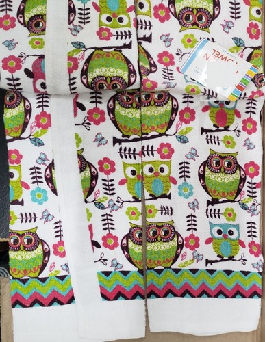 Set of 2 Same Printed Kitchen Towels (15"x25") MULTICOLOR OWLS & FLOWERS, AM - Picture 9 of 12