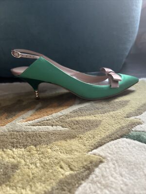 Valentino green satin Gold Kitten Heel Slingback Size 41