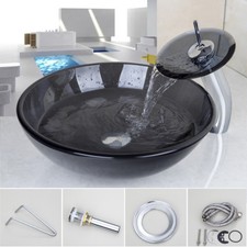 US Bathroom Round Grey Blue Clear Glass Vessel Sink Basin Waterfall Faucet