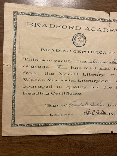 Certificado de lectura del Premio Escolar de la Academia Bradford de 1930 Vermont VT firmado P7b - Imagen 2 de 17