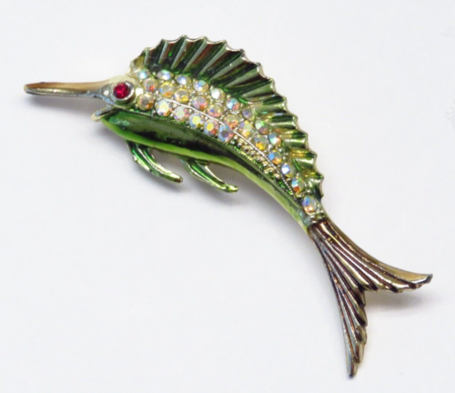 Spilla vintage smalto strass pesce marlin pesce spada nautica mare stravagante - Foto 2 di 8