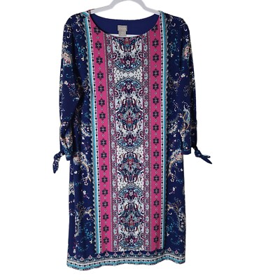 Chico's 3/4 Sleeve stretch mini dress Women's Large Petite Blue Pink Boho Hippie