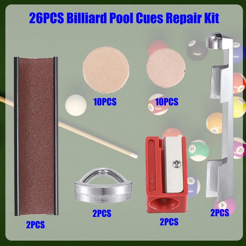 26PCS Pool Cue Tip Repair Kit Pool Cue Tips Replacement Kit Billiard