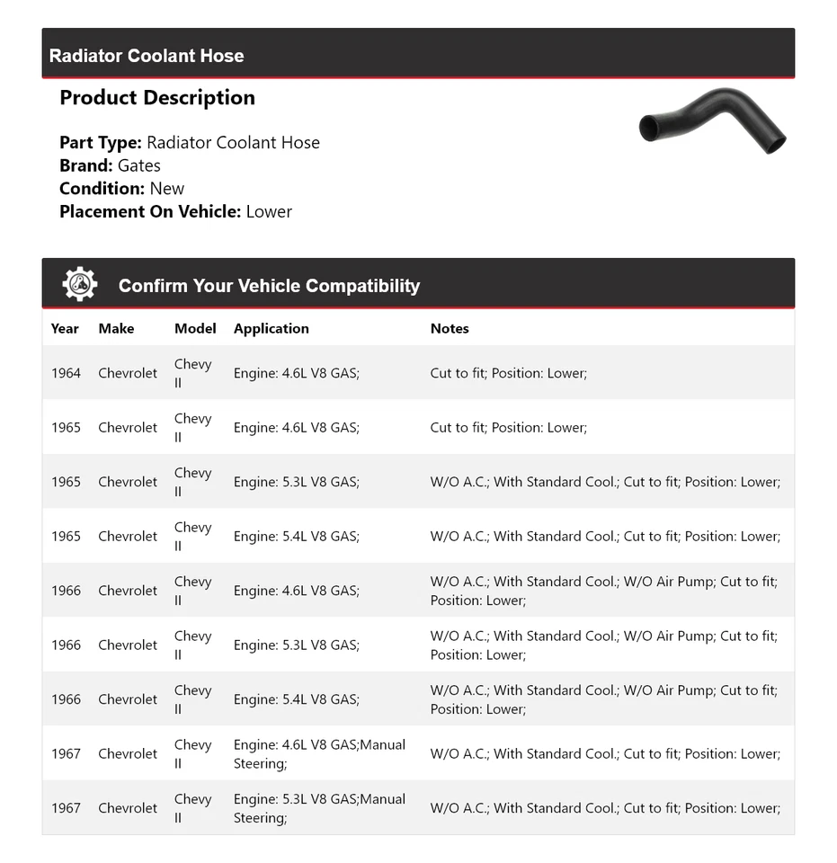 For 1964-1967 Chevrolet Chevy II Radiator Coolant Hose Lower Gates 1965 1966 - Image 2 of 4