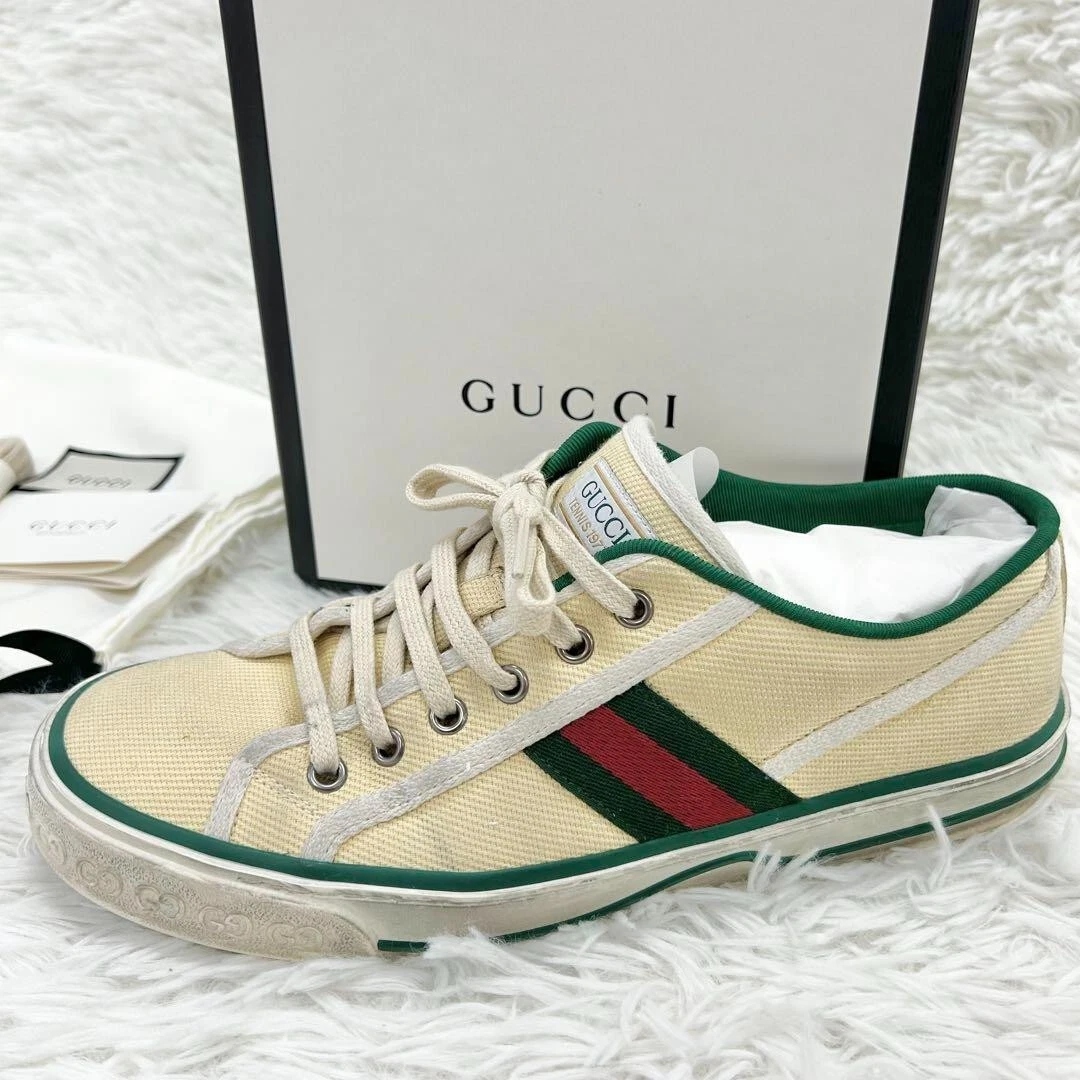 Baskets homme Gucci Sherry Line cuir beige taille US8 toile tennis occasion