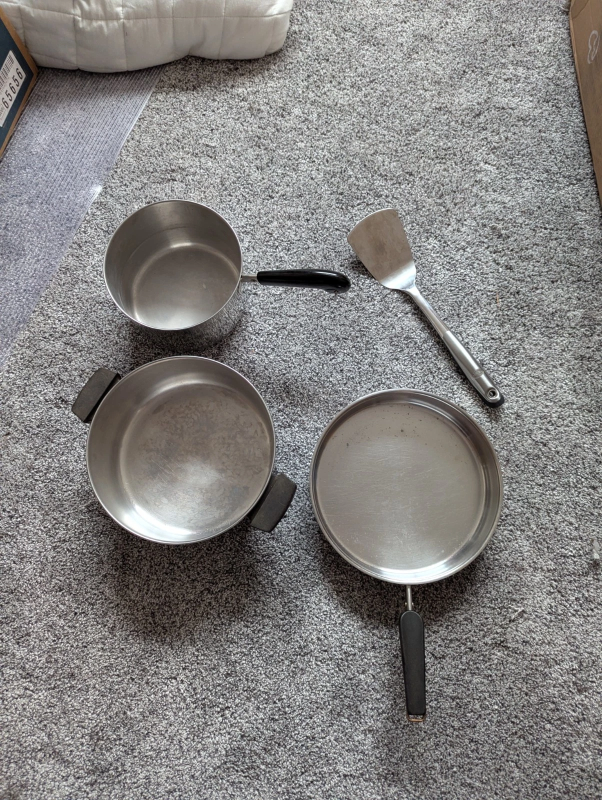 Lot 3 Revere Ware Pots 1 Frying Pan 2 Pot Stainless Steel And 1 Stainless Turner