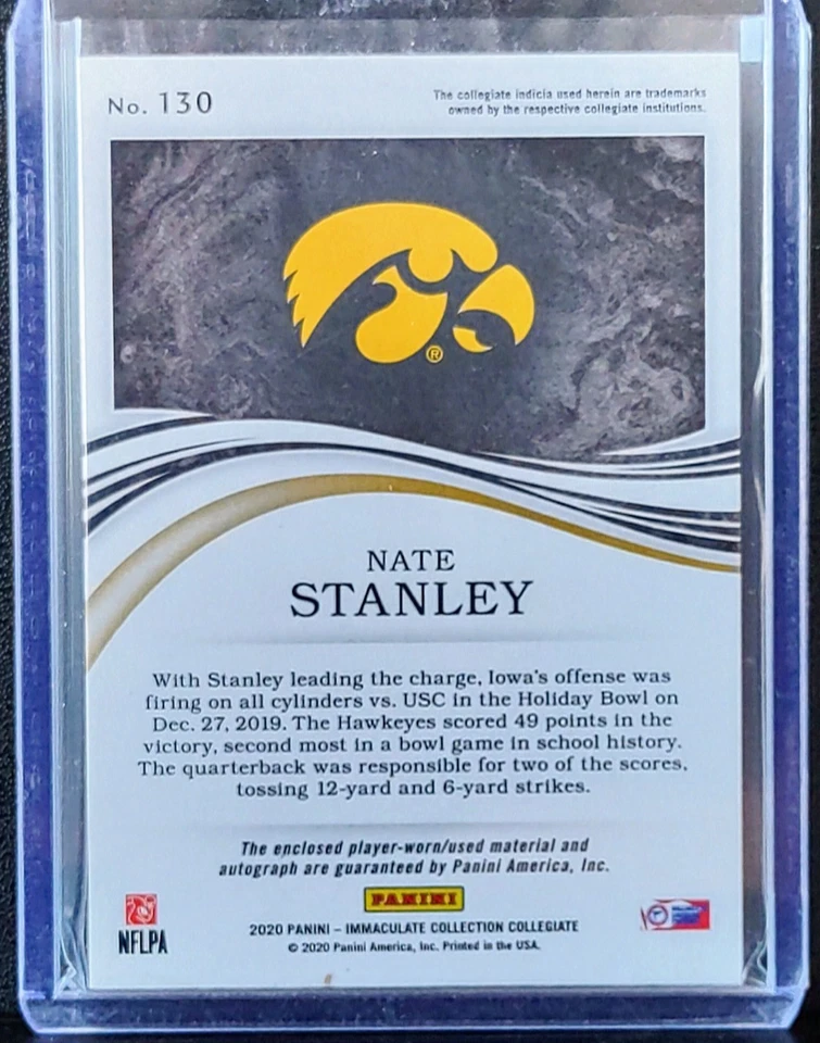 2020 Panini Immaculate Gold Nate Stanley RC Auto Patch #ed 83/99 #130 Iowa (jc) - Image 2 of 2