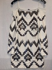 Express Women's S Dress White Silver Sequins Bodycon Aztec Long Sleeves