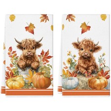 2 PCS Fall Kitchen Towels Cow Pumpkin Dish Absorbent Hand Decor 18x26 Inch