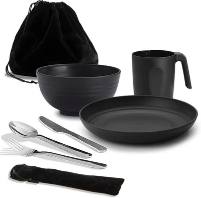 Camping Mess Kit Besteck Set mit Messer, Löffel, Gabel, Tasse, Schüssel, Teller - Bild 1 von 4