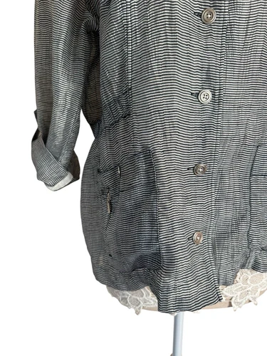 Chico's Sheer Gray Striped Button Up Peplum Lightweight Linen Jacket size Large - Picture 3 of 7