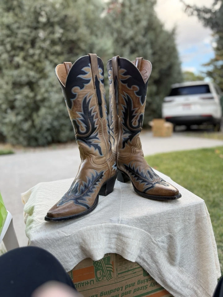 Lucchuse, Rare Vintage Inlay Cowboy Boots Women’s 8 Pearl Bone Mad Dog Goat - Image 4 of 4