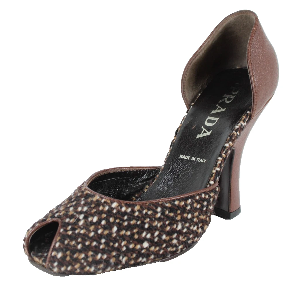 PRADA Vintage Brown Leather & Tweed Peep-Toe D'Orsay Curved Heels