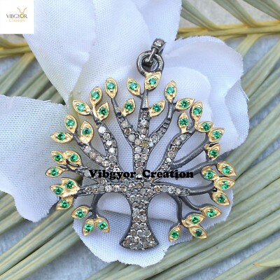 Natural Pave Diamond Pendant 925 Silver Tsavorite Gemstone Tree Of Life Charm