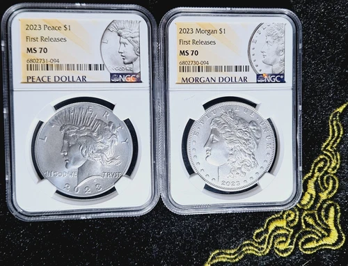 2023 $1 Morgan and Peace Silver Dollar 2pc Set NGC MS70