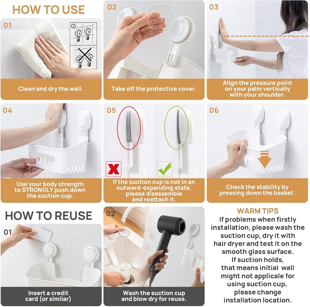 Shower Caddy Suction Cup Shower Shelf Suction Shower Basket Removable Powerful S