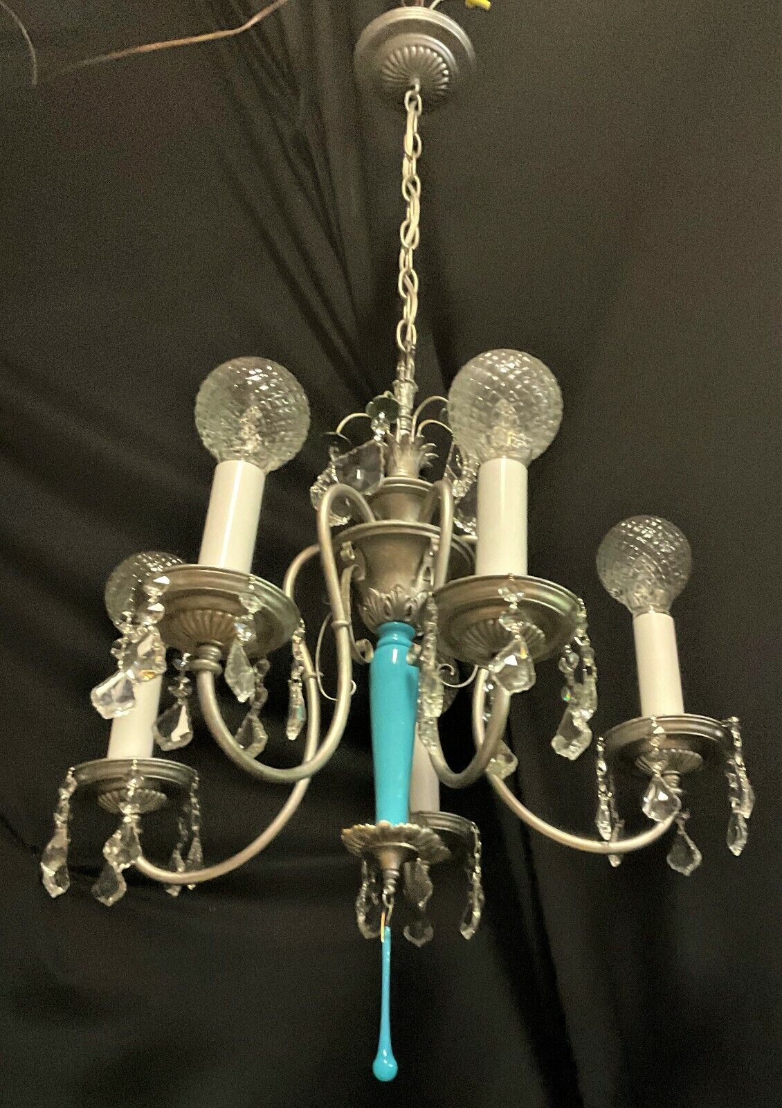 VTG DECO PERIOD FRENCH  CRYSTALS SILVER CHANDELIER CEILING FIXTURE 1920's