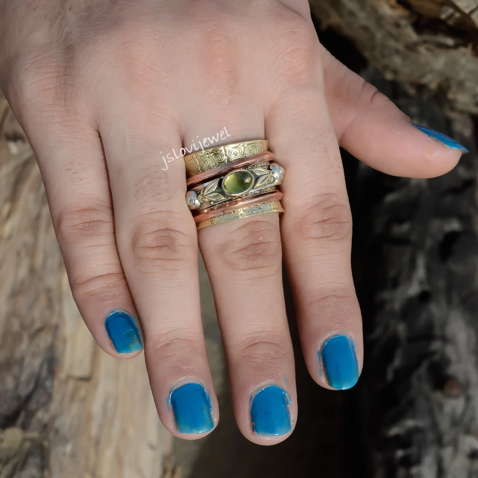 Green Peridot Oval Gemstone Ring 925 Sterling Silver Fidget Spinner Jewelry JL02 - Image 3 of 4