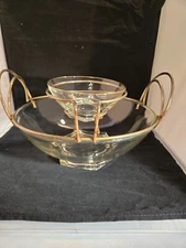 Vintage Mid-Century Modern Glass Chip & Dip Bowl Set Gold Metal Holder