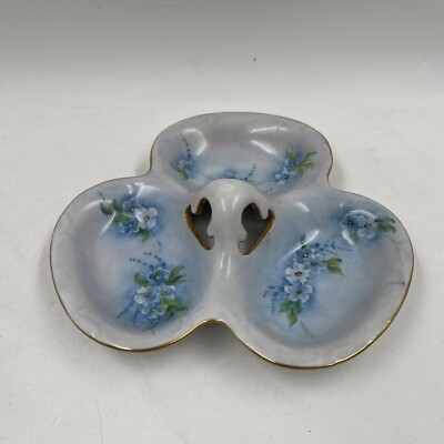 Vintage Antique Floral Three Section Gilt Rim Dish Blue