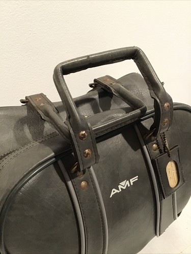 Borsa porta palline da bowling AMF vintage singola palla metallo grigio nome distintivo - Foto 2 di 11