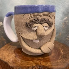 Vintage Signed Artisan Hand Thrown Pottery Ugly Face Mug Cup 4" high