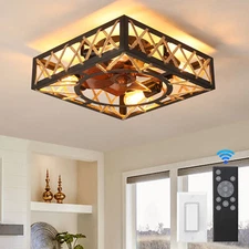 18 inch Farmhouse LED Square Caged Ceiling Fan Light Kit Flush Mount With Remote