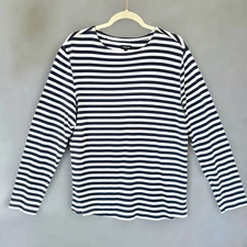 J Peterman North Sea Navy Shirt Women M Stripe Long Sleeve Coastal Nautical Boat