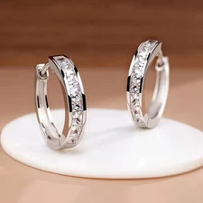 Women's 925 Sterling Silver Square CZ Huggie Hoop Earrings  Elegant Jewelry.