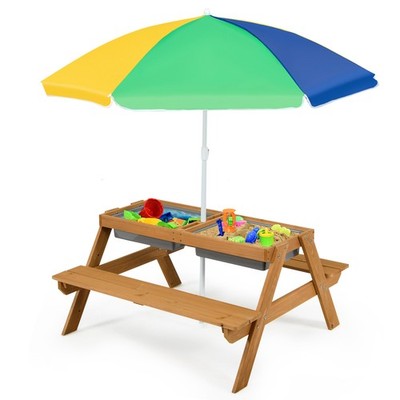 3-in-1 Kids Picnic Table Wooden Outdoor Sand & Water Table w/Umbrella Play Boxes