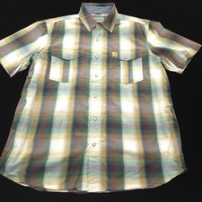 Carhartt Button Snap Work Shirt Mens -L- Relaxed Short Sleeve White Green Tan