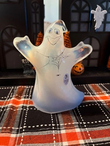 Fenton Glass Ghost Figurine Opalescent Hand Painted Spider Web Signed 5.75" Tall