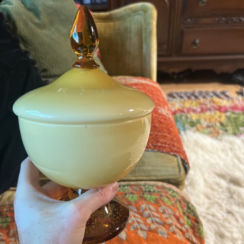 Empoli Glass MCM Butterscotch Pedestal Candy Dish w/Lid 1960’s - Picture 20 of 23