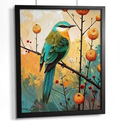 Vogel auf einem Ast Wandbild grüner Vogel Druck orange und grün Druck Wanddeko A1-