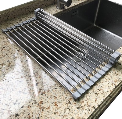 Roll Up Over Sink Dish Drying Rack Stainless Steel Kitchen Organizer Shelf Gray 