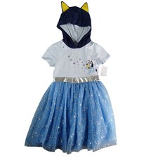 Bluey Dress Girls Small 6-7 Blue Shirt Twirl Tulle Skirt Hood with Ears NWT