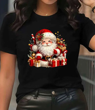 Women's Merry Christmas T-Shirt - Festive Santa Claus  Holly Print T-shirt