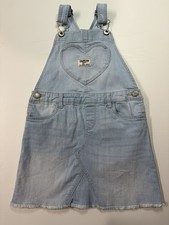 OshKosh Sz 5T Girls Denim Romper Dress Overalls Vestbak Heart Pocket Raw Hem
