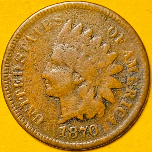 1870 U.S. INDIAN HEAD CENT COPPER PENNY 1c COIN (VG-Very Good), Low Mintage!
