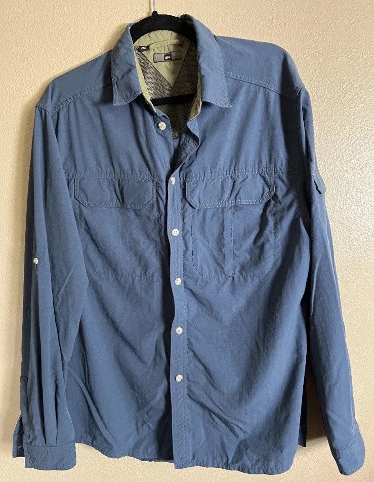 Rei Men's XL Button Front Shirt Long Sleeve UPF 40+ Nylon Hiking Fishing Blue