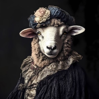 Lady Sheep in einem schwarzen, spitzenartigen Gewand mit detailreichem Design und einem fl