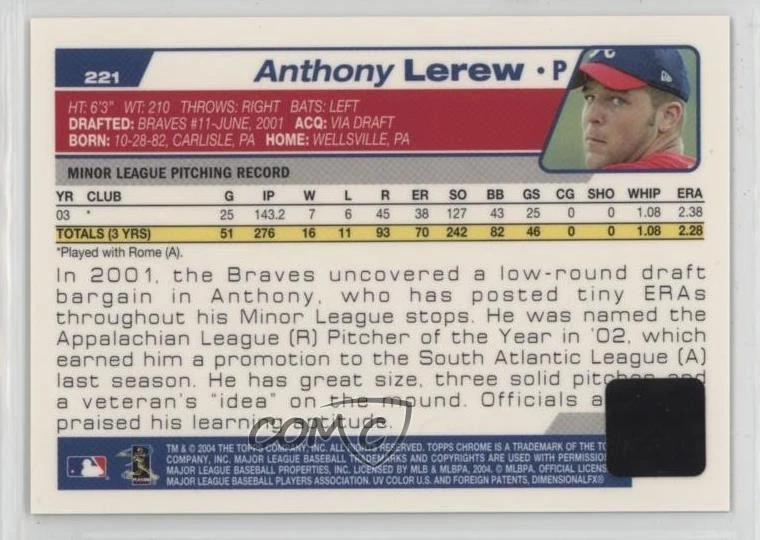 2004 Topps Chrome Anthony Lerew #221 Rookie Auto RC - Image 2 of 2