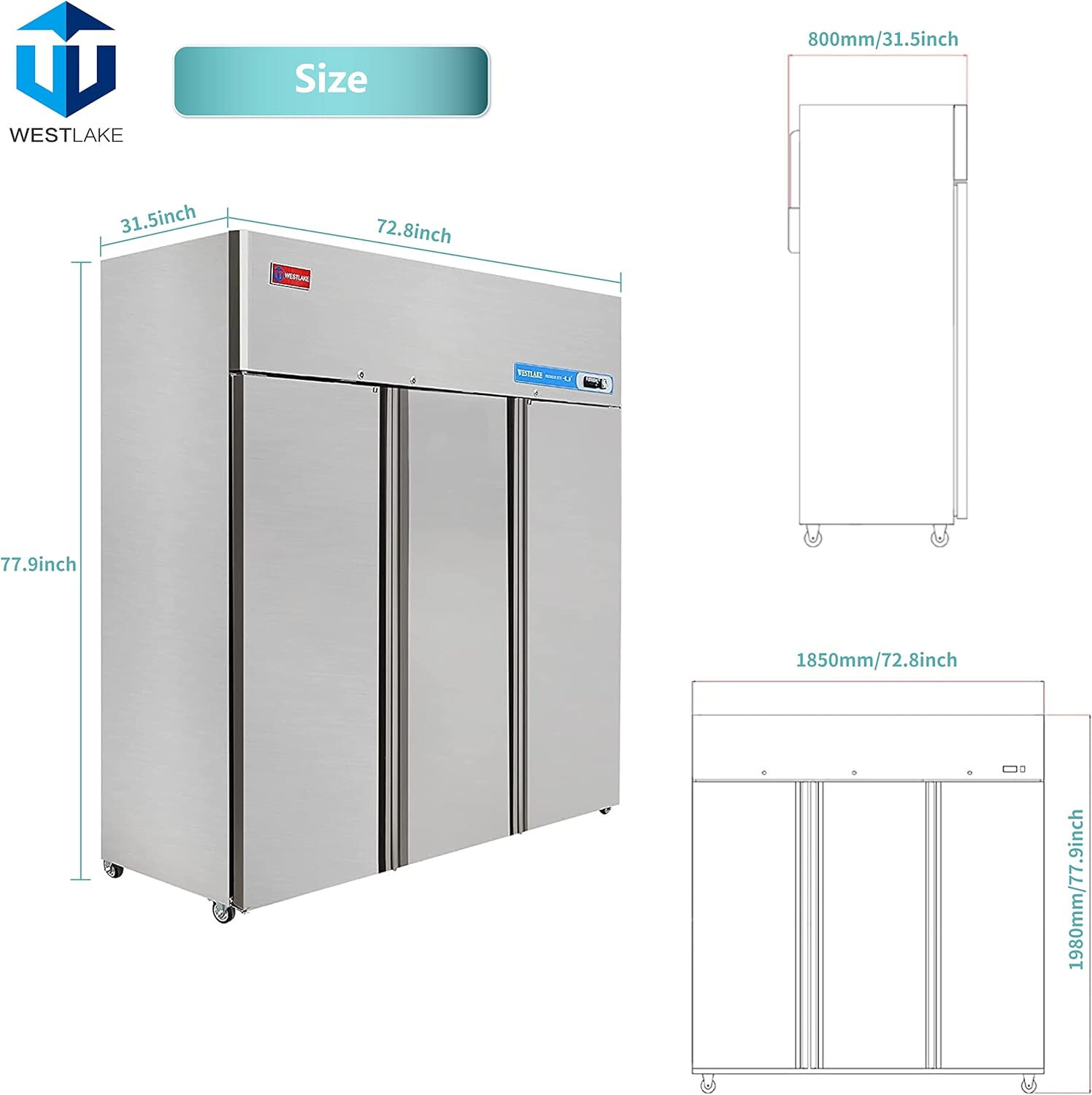 Commercial Reach In Freezer, WESTLAKE 72 Inch Commercial Freezer 3 Door