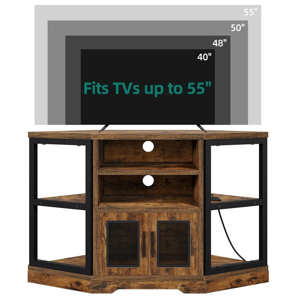 DWVO Farmhouse Corner TV Stand For 55 Inch TVs - Rustic Brown Entertainment Center With Power Outlet & Storage