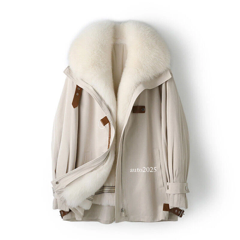 OFF WHITE Giacca pelliccia di volpe 100% donna pelliccia lunga con cappuccio Rex fodera pelliccia di coniglio cappotti invernali