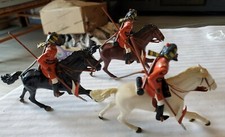 3 HORSE GUARD LEAD TOY SOLDIERS ORANGE UNIFORMS ON HORSEBACK w/ SWORDS, LANCES