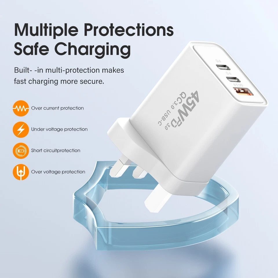 45W GaN Super-fast Wall Charger with Triple Ports Output - Dual USB-C and USB-A - Image 3 of 4